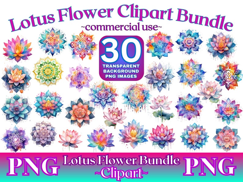 May include: A digital clipart bundle of 30 watercolor lotus flower illustrations. The flowers are in various colors and designs, including pink, blue, purple, and yellow. The flowers are on a white background. The text "Lotus Flower Clipart Bundle" and "PNG" are at the top and bottom of the image.