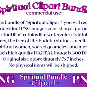 Pu&ograve; includere: Un pacchetto digitale di clipart con 20 immagini PNG che presentano illustrazioni spirituali. Le immagini includono fiori di loto in stile acquerello, l'albero della vita, statue di Buddha, donne in meditazione, geometria sacra e altro ancora. Ogni immagine &egrave; a 300 DPI e misura circa 18x18 cm.