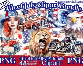 July 4th Watercolor Clipart PNG Bundle, Patriotic Clipart for Commercial Use, Digital Instant Download, patriotic 4th of july png bundle