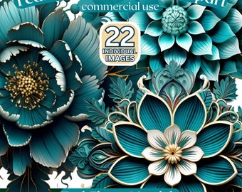Clipart di mandala di fiori color turchese, bundle di sublimazione di mandala png color turchese, bundle di clipart spirituali, png di fiori di mandala color turchese, sublimazione di yoga png