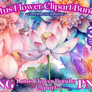 May include: A digital download of 30 watercolor illustrations of pink, purple, and blue lotus flowers. The images are transparent background PNG files. The text "Lotus Flower Clipart Bundle - commercial use -" is at the top of the image. The text "PNG Lotus Flower Bundle PNG - Clipart -" is at the bottom of the image.