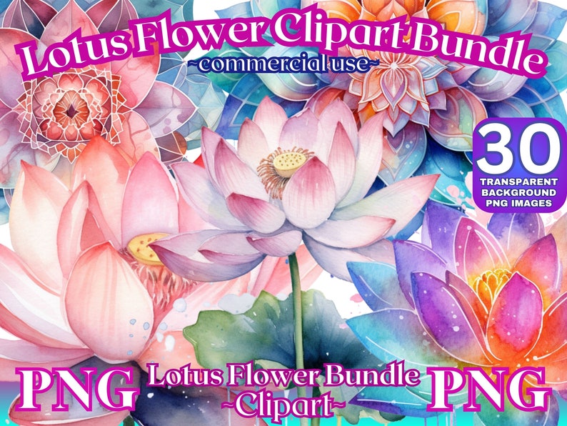 May include: A digital download of 30 watercolor illustrations of pink, purple, and blue lotus flowers. The images are transparent background PNG files. The text "Lotus Flower Clipart Bundle - commercial use -" is at the top of the image. The text "PNG Lotus Flower Bundle PNG - Clipart -" is at the bottom of the image.