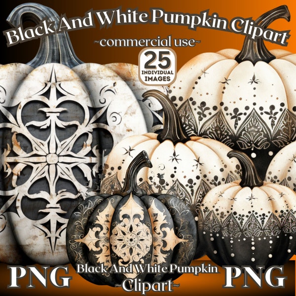 Rustic Pumpkin Clipart, Black and White Ornate Pumpkin Png Sublimation Design, Swirly Pumpkin Clipart Bundle, Commercial Use