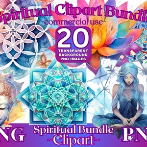 Pu&ograve; includere: Un pacchetto digitale di clipart con 20 illustrazioni ad acquerello su temi spirituali e mistici. Le immagini includono mandala, un fiore di loto, un albero della vita e una donna in meditazione. Il testo "Spiritual Bundle - Clipart - Commercial Use" &egrave; visualizzato su uno sfondo viola.