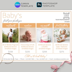 Guía de precios de baby first year mini sessions, paquetes de fotografía de Baby Milestone, tablero de marketing para recién nacidos, plantilla de Photoshop y Canva
