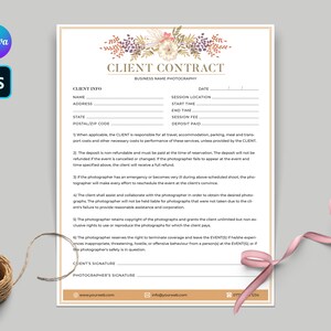 PHOTOGRAPHY CLIENT CONTRACT, Client Agreement For Photographers, Contract Form, Session Contract, Client Agreement, Photoshop Canva Template