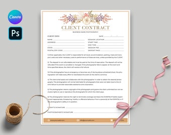 PHOTOGRAPHY CLIENT CONTRACT, Client Agreement For Photographers, Contract Form, Session Contract, Client Agreement, Photoshop Canva Template