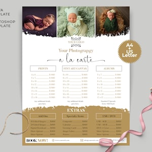 A La carte Vorlage, Neugeborenen Fotografie Preisvorlage, FotoVerkaufsbogen, Add on Pricing Fotografie Vorlage, Photoshop Canva Vorlage