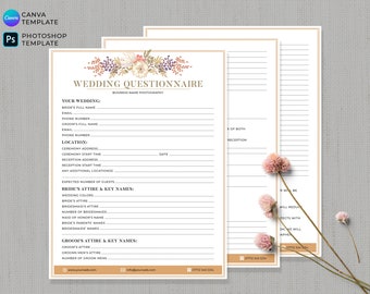 Canva Wedding Photography Questionnaire Template, Bride Groom Questionnaire Form, Wedding Client Questionnaire, PHOTOSHOP Template