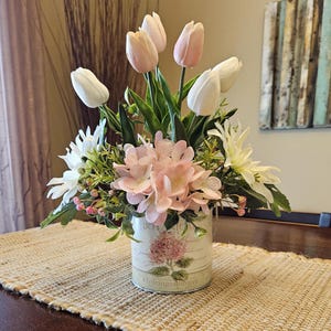 Cottage Arrangement, Arrangement In Botanical Bucket, Gift For Her, Cottage Floral Decor, Table Centerpiece, Shabby Chic Arrangement
