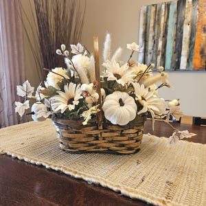 Neutral Fall Centerpiece: Cream Sunflowers in Vintage Woven Basket