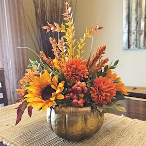 Fall Floral Arrangement: Hammered Gold Pumpkin Centerpiece