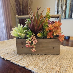 Faux Succulent Arrangement: Farmhouse Centerpiece in Wood Tool Caddy