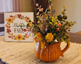 Fall Arrangement, Fall Farmhouse Arrangement, Pumpkin Arrangement, Fall Decor, Fall Gift, Fall Arrangement in Pumpkin Creamer