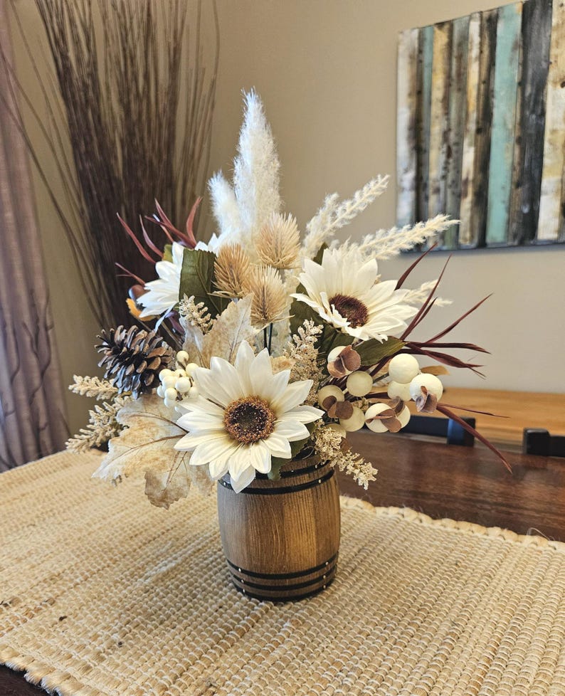 Fall Arrangement, Rustic Neutral Fall Arrangement, Fall Arrangement In Small Wood Barrel, Neutral Fall Centerpiece, White Sunflower Floral image 1