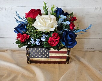 Americana Floral Arrangement, Military Arrangement, Americana Trunk With Florals, American Flag Floral Arrangement, Military Decor