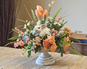 Easter Floral Arrangement, Resin Bunny, Whitewashed Wood Pedestal