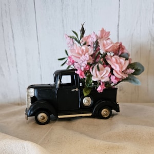 Farmhouse Pink Rose Arrangement: Distressed Metal Truck Decor