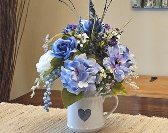 Farmhouse Floral Arrangement: Blue Hydrangea & Rose Centerpiece