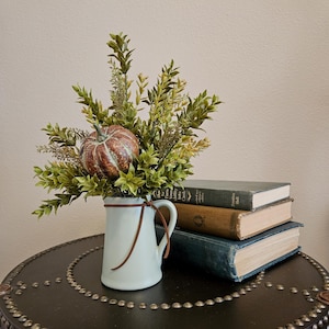 Fall Boxwood Arrangement in Green Pitcher: Farmhouse Table Decor