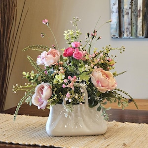 Pink Floral Arrangement Ceramic Purse Vase, Creamy White Decor