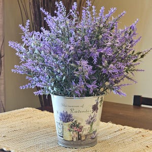 Lavender Arrangement, Faux Lavender In A Vintage Metal Container, Small/Medium Lavender Centerpiece, Lavender Table Decor, Lavender Floral