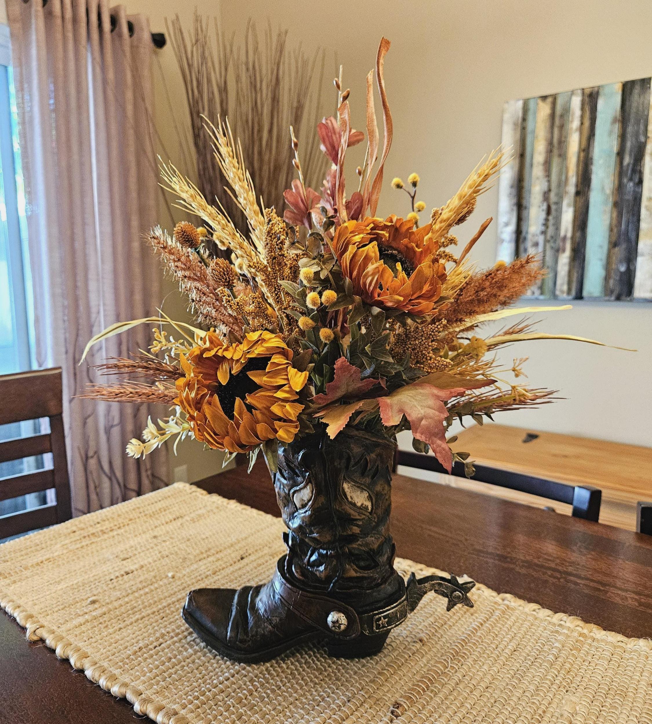 Large Cowboy Boot Arrangement, Rustic Boot Arrangement With Brown Rust Gold And Tan Florals, Western Centerpiece, Western Boot Arrangement