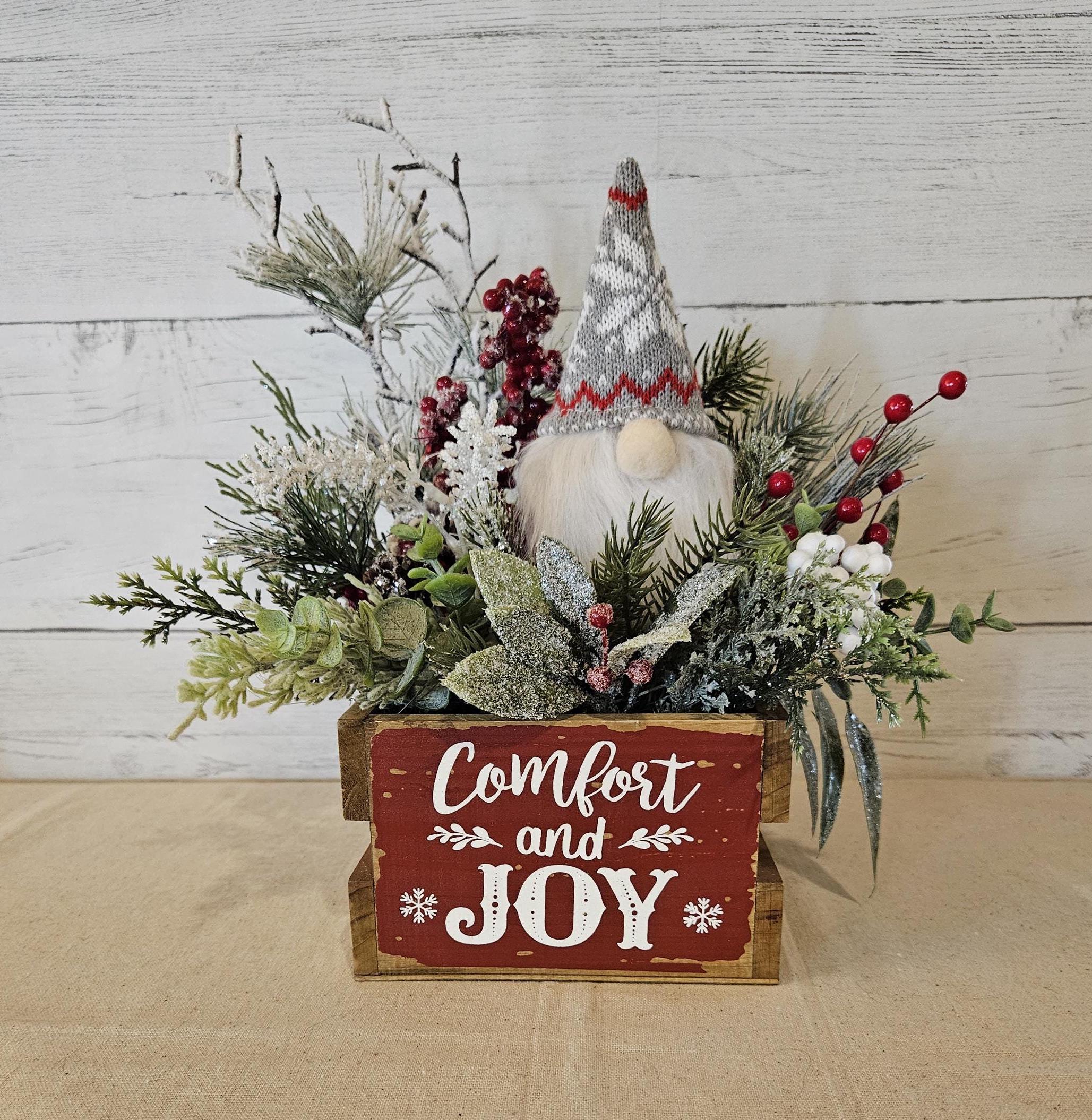 Christmas Arrangement, Gnome Christmas Arrangement, Christmas Centerpiece, Winter Arrangement, Comfort And Joy Wood Crate With Gnome