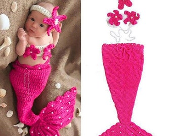 Newborn Mermaid Knitted Costume With Bra and Headband, Photography Photo Prop