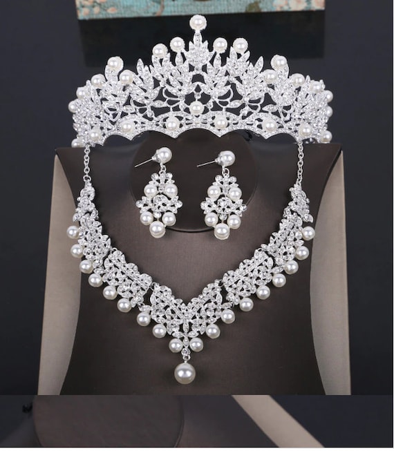 Pearl & Crystal Bridal Tiara Necklace Earring Set - Silver Tone WREN-PEARLS Crystal Tiara – Wedding Crown | Ellee Couture  main image 3