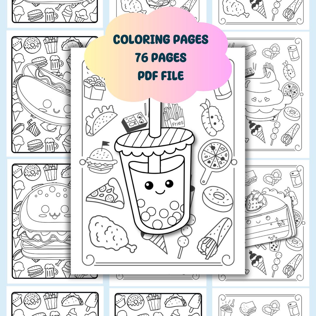 Cute Foods Coloring Book Digital Coloring Book, Printable Coloring