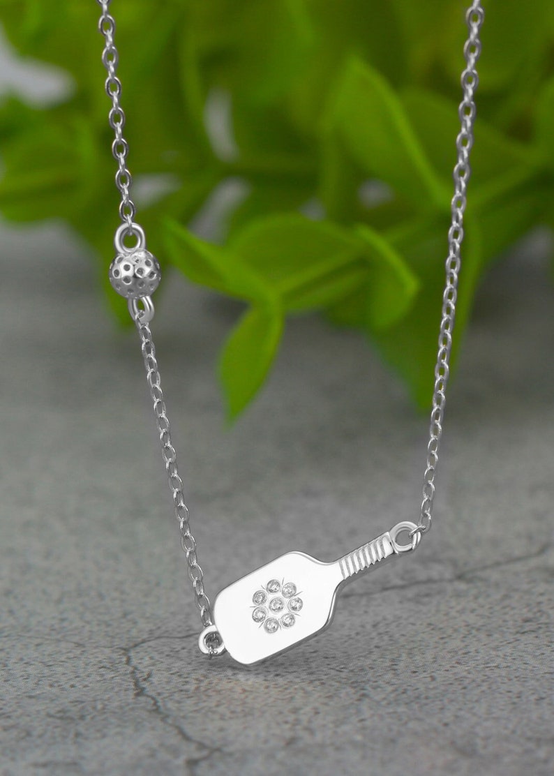 Pickleball Dainty Dinker Flower Silver Paddle and Ball Necklace image 1