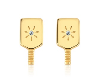 Pickleball Paddle Stud Earrings 18K Gold Plated Over 925 Sterling Silver - Embellished with Cubic Zirconia | Gift for Pickleball Players