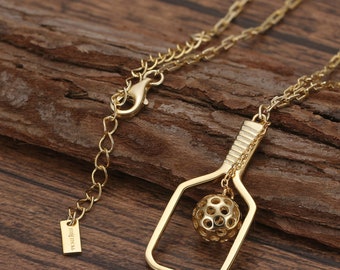 Pickleball The Volley Gold Paddle Pendant Necklace on Clip Chain