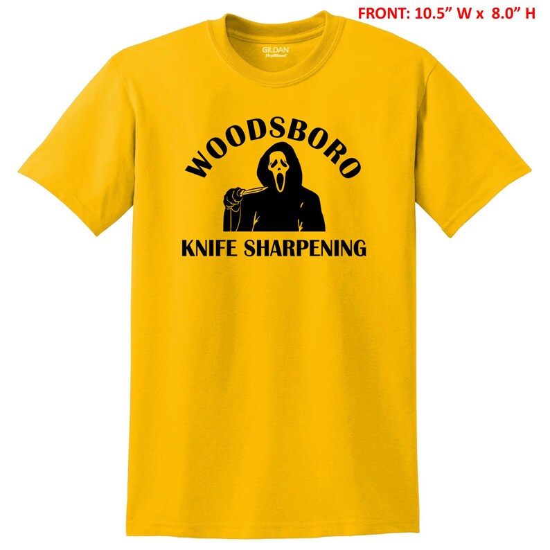 May include: Yellow t-shirt with a black graphic of a ghost holding a knife and the text "Woodsboro Knife Sharpening"