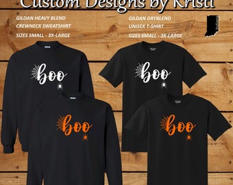 BOO with Web & Spider Fun Halloween T-shirt or Sweatshirt - multiple colors