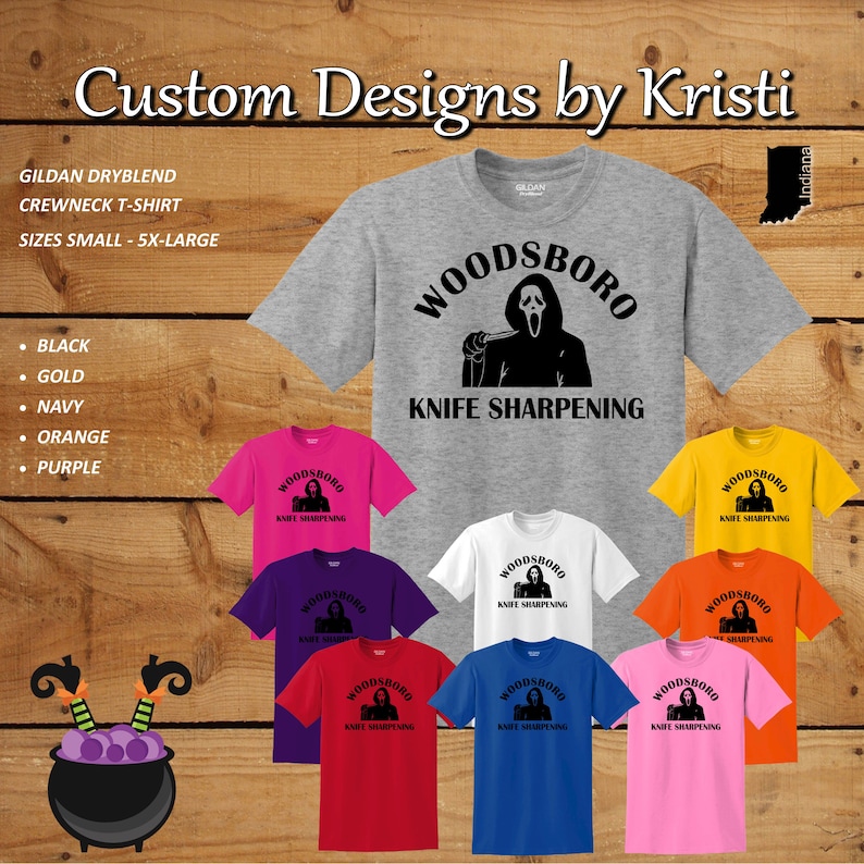 May include: A collection of t-shirts featuring a black and white graphic of a masked figure holding a knife with the text "WOODSBORO KNIFE SHARPENING". The shirts are available in black, gold, navy, orange, purple, pink, red, white, and light blue.
