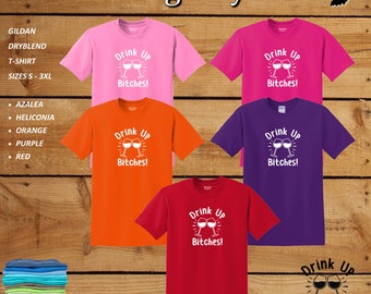 Wine Lovers T-shirt "Drink Up Bitches" with 2 wine glasses Unisex sizes S-2X