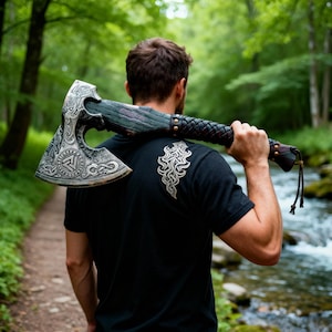 Hache Viking faite main sur mesure | Lame en acier au carbone gravé, bois de frêne