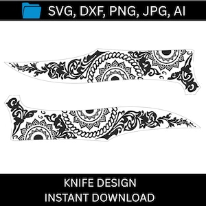 Puede incluir: Diseño de cuchillo en blanco y negro con intrincados patrones florales y mandala. El diseño está en dos partes, con el texto "SVG, DXF, PNG, JPG, AI" en la parte superior y "KNIFE DESIGN INSTANT DOWNLOAD" en la parte inferior.