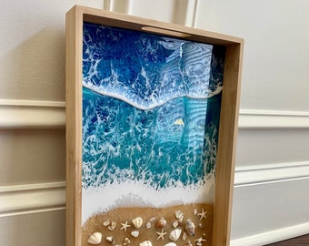 Wooden ocean tray, vanity tray, resin Seascape Tray, decorative tray, home decor, tray with handles, unique Mother's Day Gift, Gift Under 30