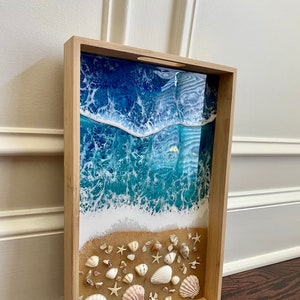 Wooden ocean tray, vanity tray, resin Seascape Tray, decorative tray, home decor, tray with handles, unique Mother&#39;s Day Gift, Gift Under 30