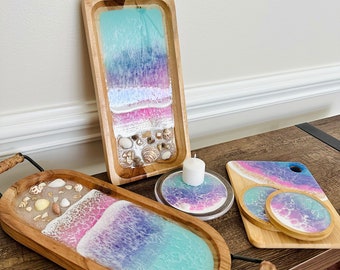 Wooden ocean tray, vanity tray, resin Seascape Tray, decorative tray, home decor, tray with handles, unique Mother's Day Gift, Gift Under 30