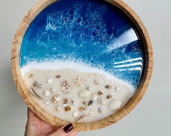 Bandeja oceánica de madera de resina con conchas marinas reales, arena marina - bandeja de bañera de arte de resina oceánica, arte original, acento para sala de estarRegalos menores de 20 años
