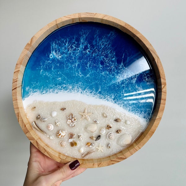 Resin Wooden ocean tray with real seashells, sea sand - ocean resin art bath tub tray, original art, accent for living roomGifts Under 20