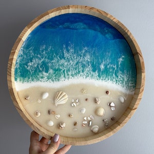 Resin Wooden ocean tray with real seashells, sea sand ocean resin art bath tub tray, original art, accent for living roomGifts Under 20 image 2