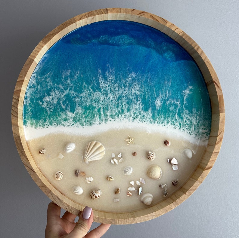 Resin Wooden ocean tray with real seashells, sea sand ocean resin art bath tub tray, original art, accent for living roomGifts Under 20 image 2