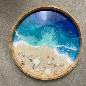 Resin Wooden ocean tray with real seashells, sea sand ocean resin art bath tub tray, original art, accent for living roomGifts Under 20 image 6