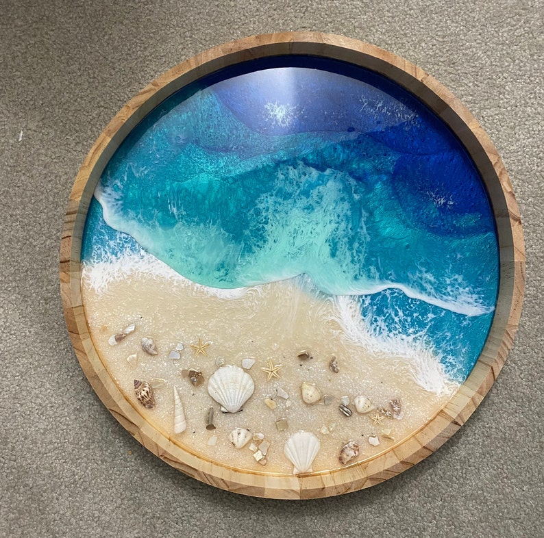 Resin Wooden ocean tray with real seashells, sea sand ocean resin art bath tub tray, original art, accent for living roomGifts Under 20 image 6