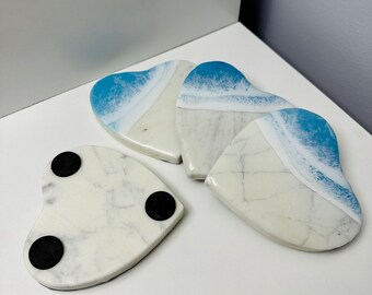 Marble Heart Epoxy Resin Ocean Coasters Set - Beach House Decor - Housewarming Gift - Sea Waves - Affordable Gift under 20